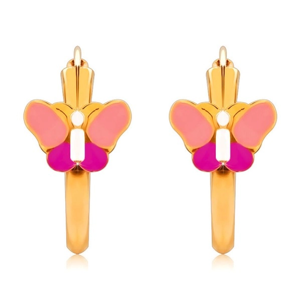 14K arany kerek fülbevaló, rózsaszín pillangó, csillogó felület, 15 mm