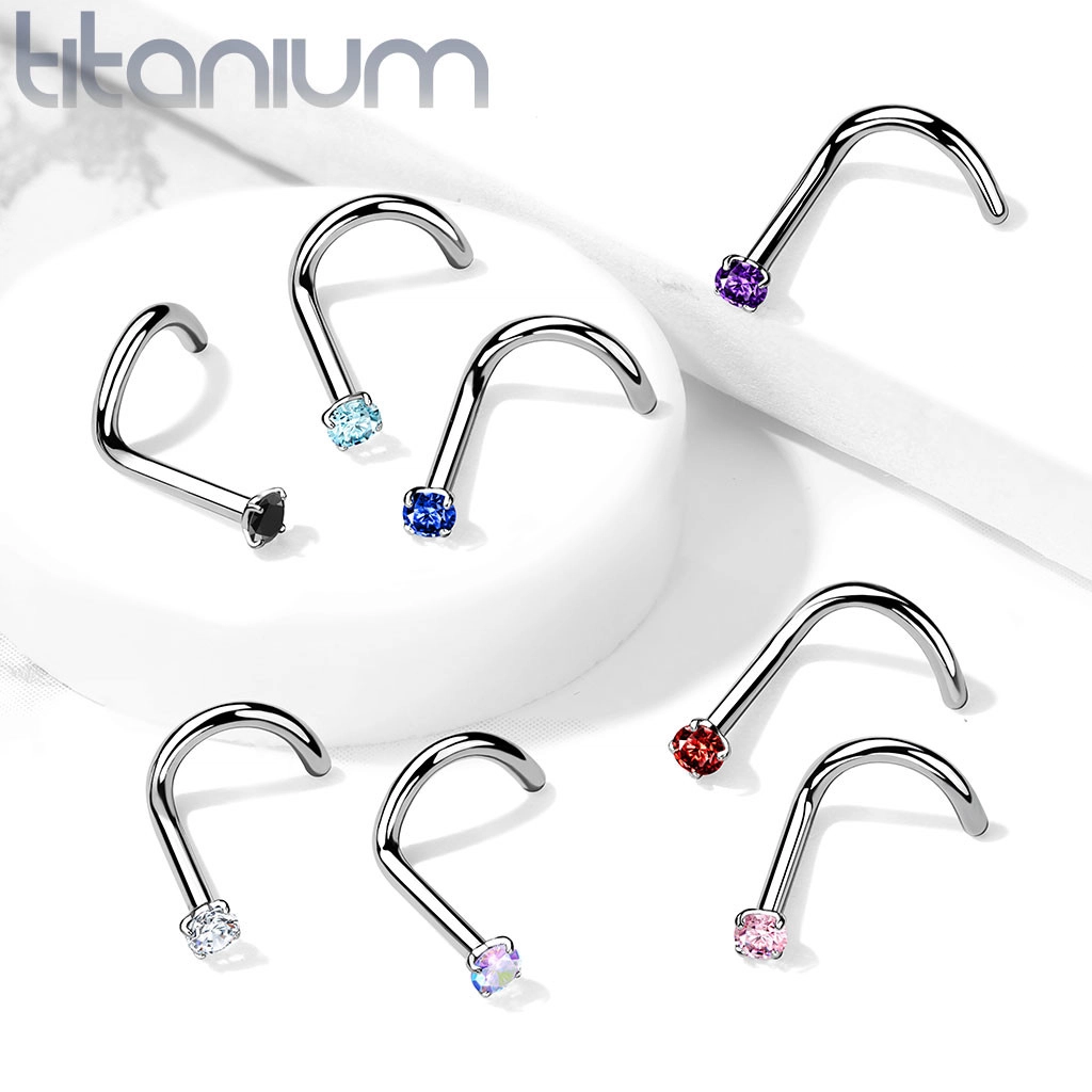 Titánium Ívelt orr piercing, kis kerek cirkónia, 1 mm - A cirkónia színe: Szivárvány - AB