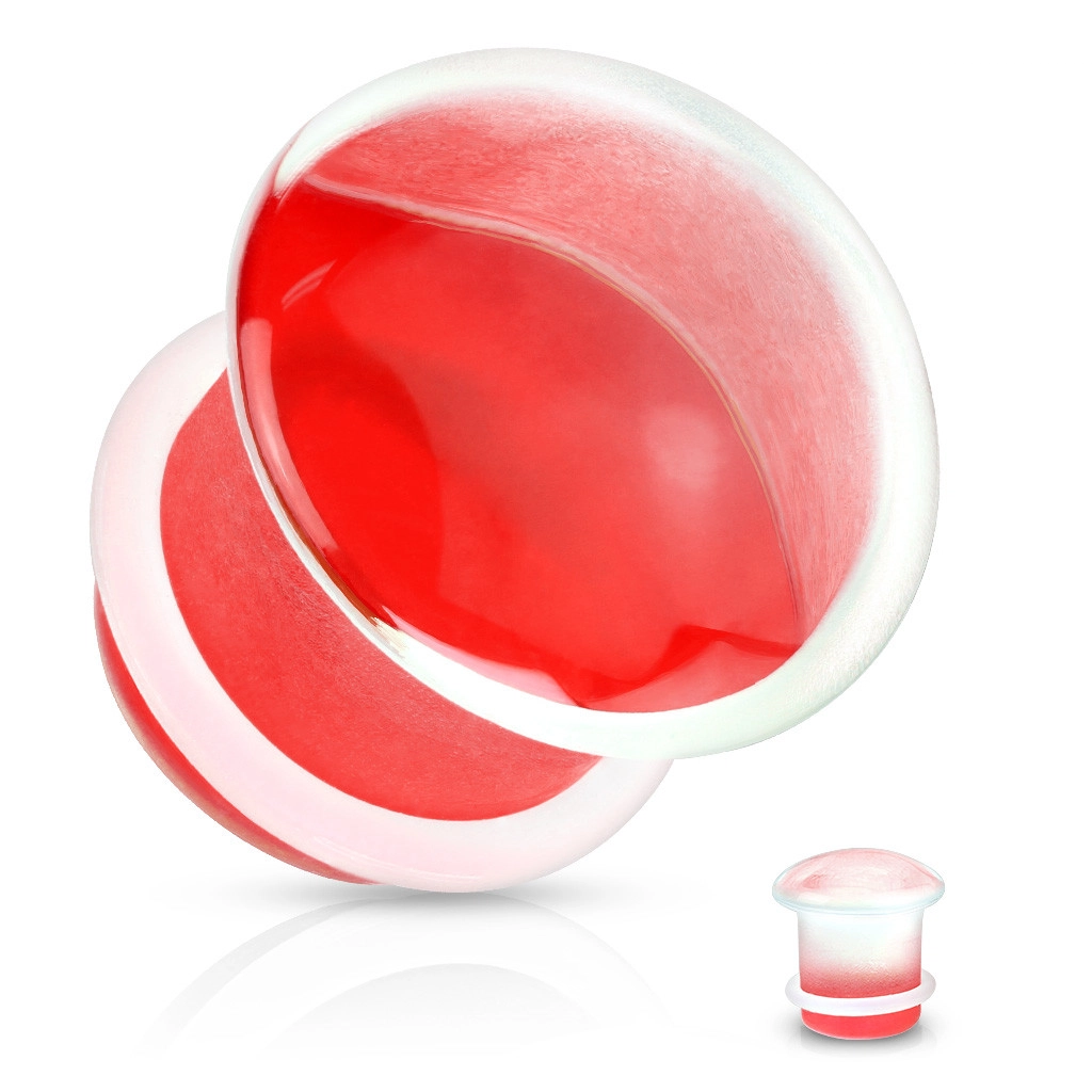 Fültágító dugó átlátszó üveg, domború forma piros véggel, gumigyűrűvel - Vastagság: 10 mm