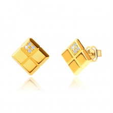 9K sárga arany fülbevaló - négyzet alakú, rácsmintás, tiszta cirkonok, fülbevaló, stekker zár