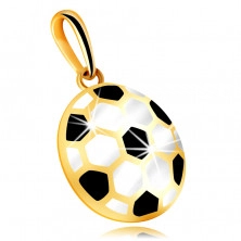 9K arany medál – domború focilabda fekete és fehér fénymázzal, üreges hátsó rész