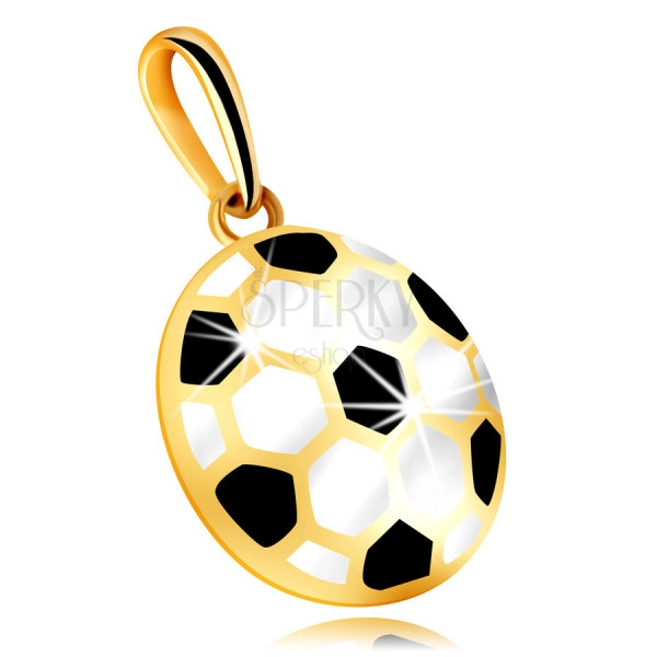 9K arany medál – domború focilabda fekete és fehér fénymázzal, üreges hátsó rész
