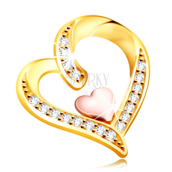 Medál 9K aranyból – cirkóniákkal díszített szabálytalan szív egy kisebb szívvel középen