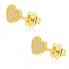 Fülbevaló 9K sárga aranyból – szív három átlátszó cirkóniával