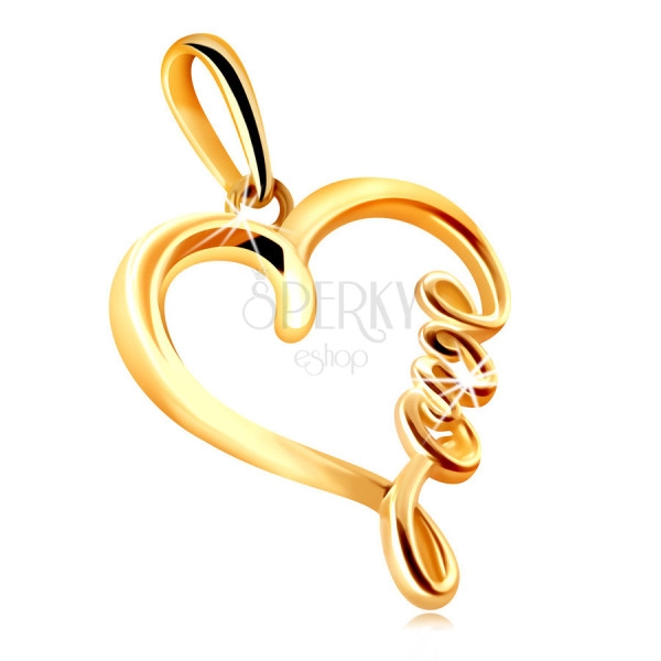 Medál 375 sárga aranyból – fényes szív alakú körvonal “Love” felirattal