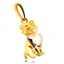 Fényes medál kombinált 9K aranyból – ülő cica egy szívvel