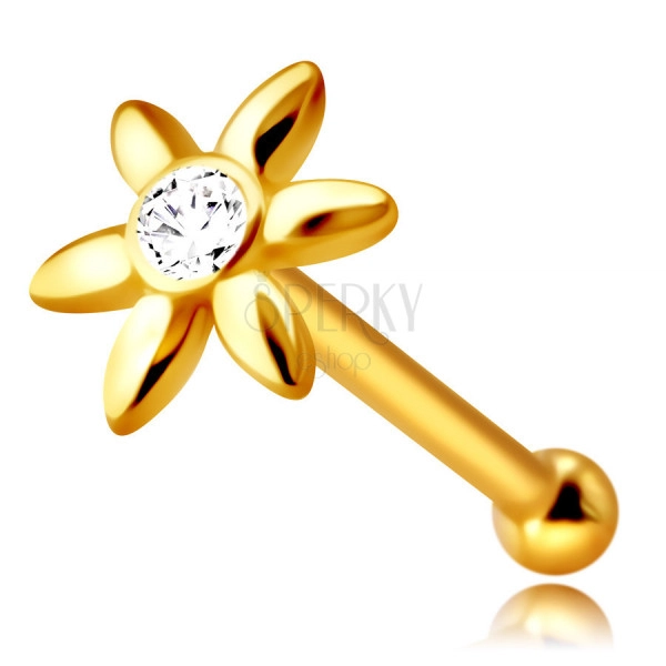 Orrpiercing 9K sárga aranyból – virág egy átlátszó cirkóniával, hosszúkás szirmok
