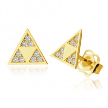 375 arany fülbevaló – fényes háromszög három kisebb háromszöggel kivágásban, apró cirkóniák