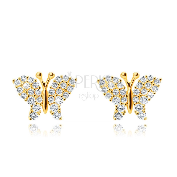 14K sárga arany  fülbevaló, pillangó,átlátszó cirkóniával díszített szárnyak,stekker zár
