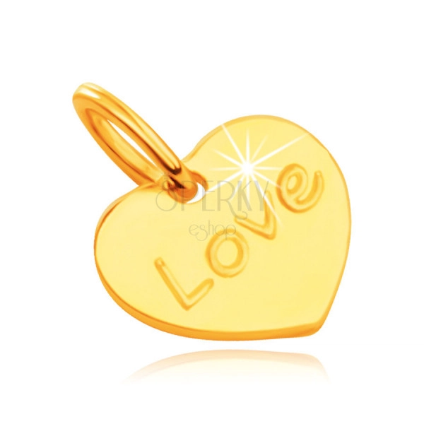 9K sárga arany medál - lapos szimmetrikus szív gravírozott felirattal Love, tükörsima fényű