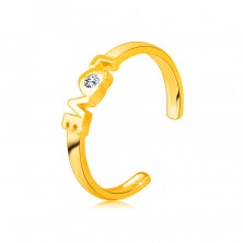 Gyűrű 375 sárga aranyból nyitott gyűrűsínnel – “LOVE” felirat, kerek átlátszó cirkónia egy szívben