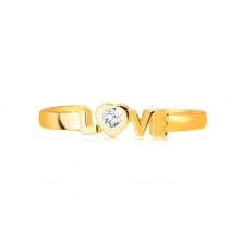 Gyűrű 375 sárga aranyból nyitott gyűrűsínnel – “LOVE” felirat, kerek átlátszó cirkónia egy szívben
