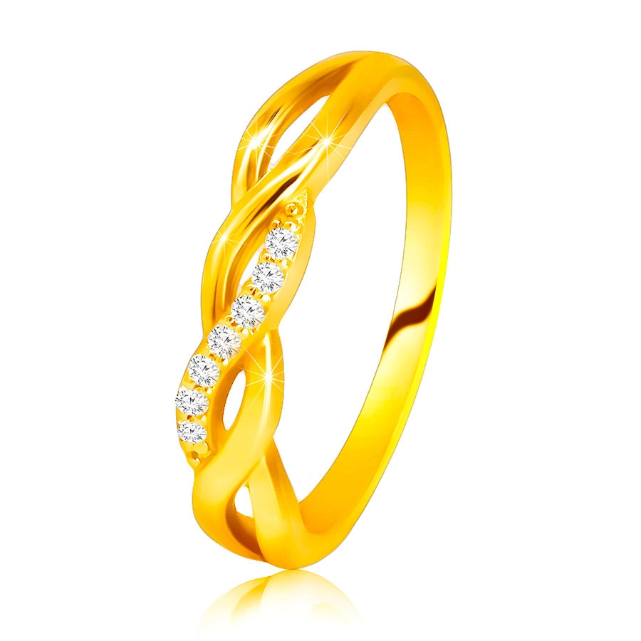 14K fényes sárga arany gyűrű - egymásba fonódó hullámok, cirkónia vonallal - Nagyság: 56