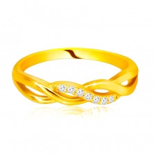14K fényes sárga arany gyűrű - egymásba fonódó hullámok, cirkónia vonallal