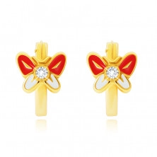 14K sárga arany fülbevaló,  pillangó piros és fehér szárnyakkal, cirkónia, 12 mm