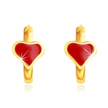 585 sárga arany fülbevaló, karika, piros mázas szív, arany kontúrral, 12 mm