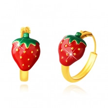 14K arany fülbevaló - karika, vörös eper, zöld levelekkel, 12 mm
