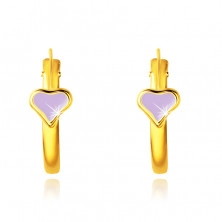 14k arany fülbevaló - karika, mázas világos lila szív, fényes kontúrral, 14 mm