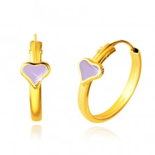 14k arany fülbevaló - karika, mázas világos lila szív, fényes kontúrral, 14 mm