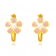 14K arany fülbevaló - karika, virággal, rózsaszín szirmokkal, fehér középponttal, 10 mm