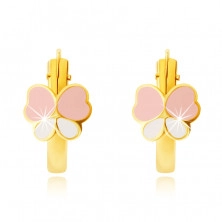 14K arany karika fülbevaló, mázas rózsaszín és fehér pillangó, 12 mm