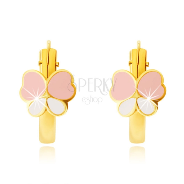 14K arany karika fülbevaló, mázas rózsaszín és fehér pillangó, 12 mm