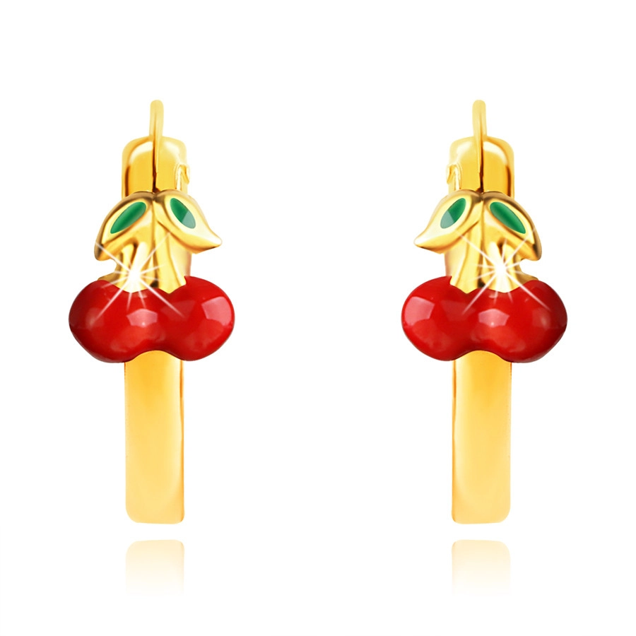 585 sárga arany fülbevaló –karika, piros cseresznye, zöld levelekkel, 12 mm