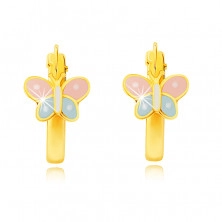 585 sárga arany fülbevaló  - karika, pillangó, rózsaszín és kék színű szárnyakkal, 12 mm