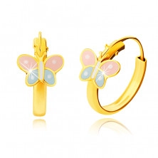 585 sárga arany fülbevaló  - karika, pillangó, rózsaszín és kék színű szárnyakkal, 12 mm
