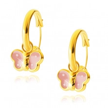 14K arany fülbevaló - lógó mázas világos rózsaszín pillangók, kis karikák, 12 mm