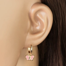 14K arany fülbevaló - lógó mázas világos rózsaszín pillangók, kis karikák, 12 mm