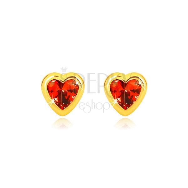 14K sárga arany fülbevaló - piros cirkónia, sima szív alakú foglalat, stekker zár 