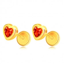 14K sárga arany fülbevaló - piros cirkónia, sima szív alakú foglalat, stekker zár 