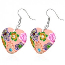 FIMO fülbevaló - rózsaszín szív tarka virágokkal