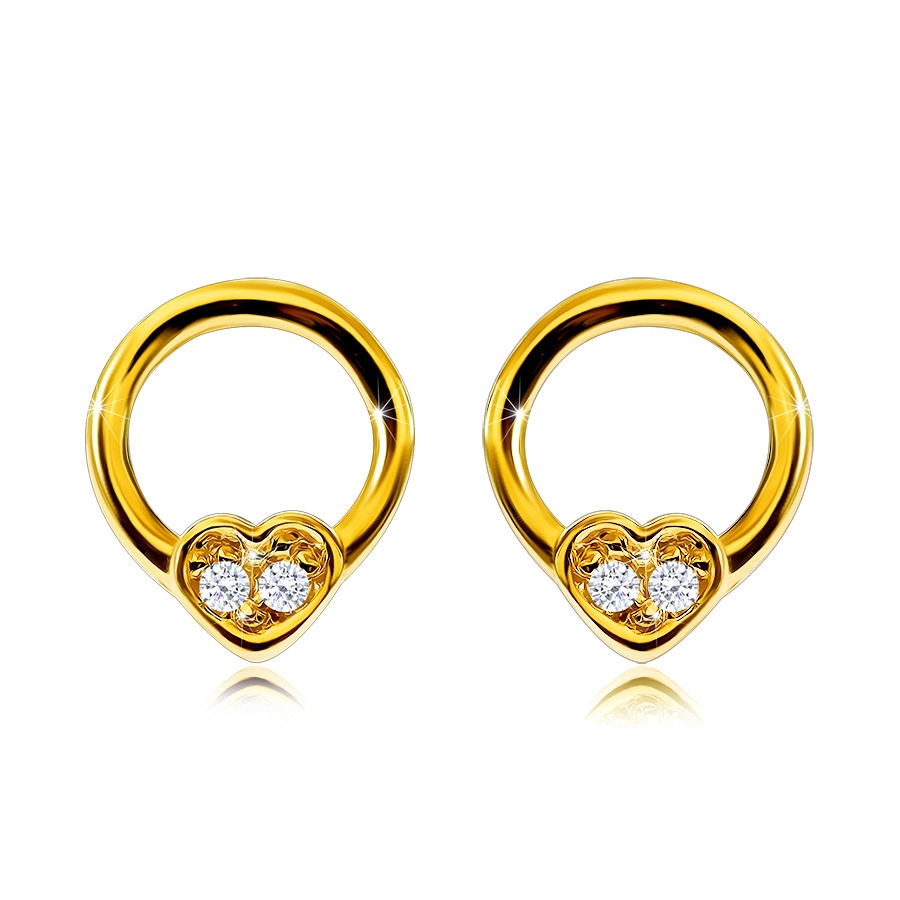 Gyémánt fülbevaló 9K sárga aranyból - karika fülbevaló kis szívvel, kerek briliánsokkal
