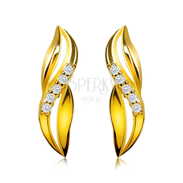 9K arany gyémánt fülbevaló - összefonódó hullámok, briliáns csík, stekker zár
