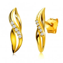 9K arany gyémánt fülbevaló - összefonódó hullámok, briliáns csík, stekker zár