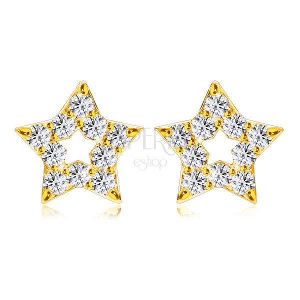 375 sárga arany csillogó fülbevaló  - csillag körvonal, kerek gyémántokkal, stekker zárral