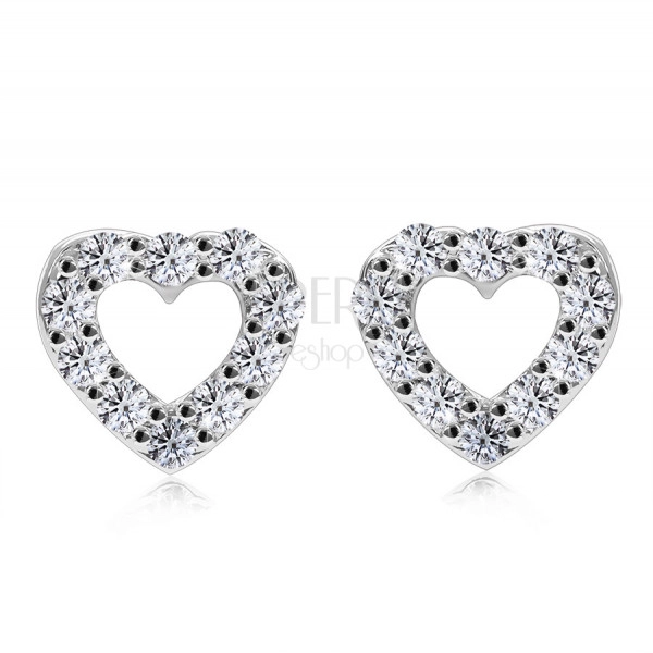 9K fehér arany gyémánt fülbevaló - szív kontúr, átlátszó briliánsok, stekkeres zár