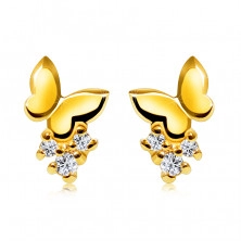 9K sárga arany fülbevaló briliánsokkal - kis pillangó, kerek átlátszó gyémántok, stekker zár
