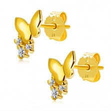 9K sárga arany fülbevaló briliánsokkal - kis pillangó, kerek átlátszó gyémántok, stekker zár
