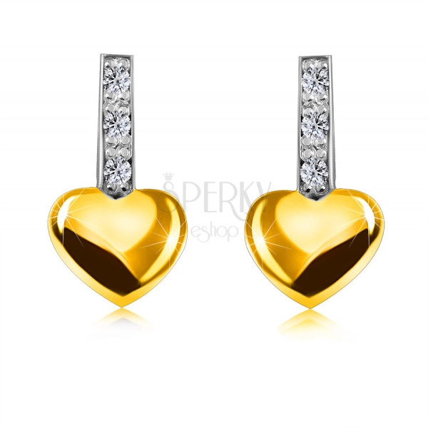 9K sárga arany gyémánt fülbevaló  - csík gyémántokkal, sima szív,stekker zár, ródium bevonat
