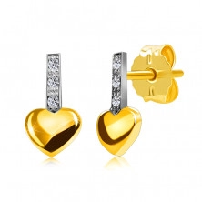 9K sárga arany gyémánt fülbevaló  - csík gyémántokkal, sima szív,stekker zár, ródium bevonat