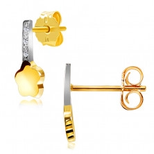 375 sárga arany csillogó fülbevaló sárga - gyémánt csík, virág, stekker zárral, ródium bevonattal