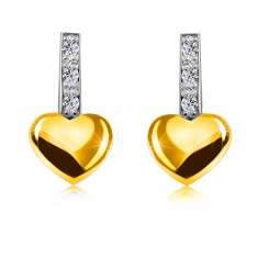 14K sárga arany briliáns fülbevaló - gyémánt csík, sima szív, stekker zár, ródium bevonat