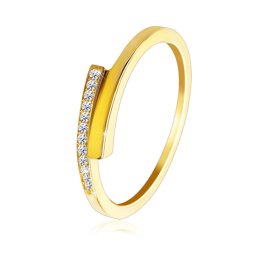 585 sárga arany gyűrű - elágazó, vékony, fényes vállak, cirkónia sáv - Nagyság: 56