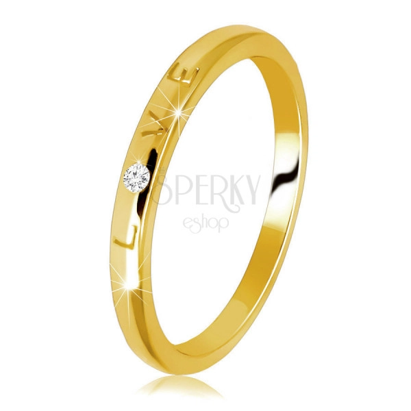 585 sárga arany gyűrű - gyűrű gravírozott "LOVE" felirattal, kerek cirkóniával