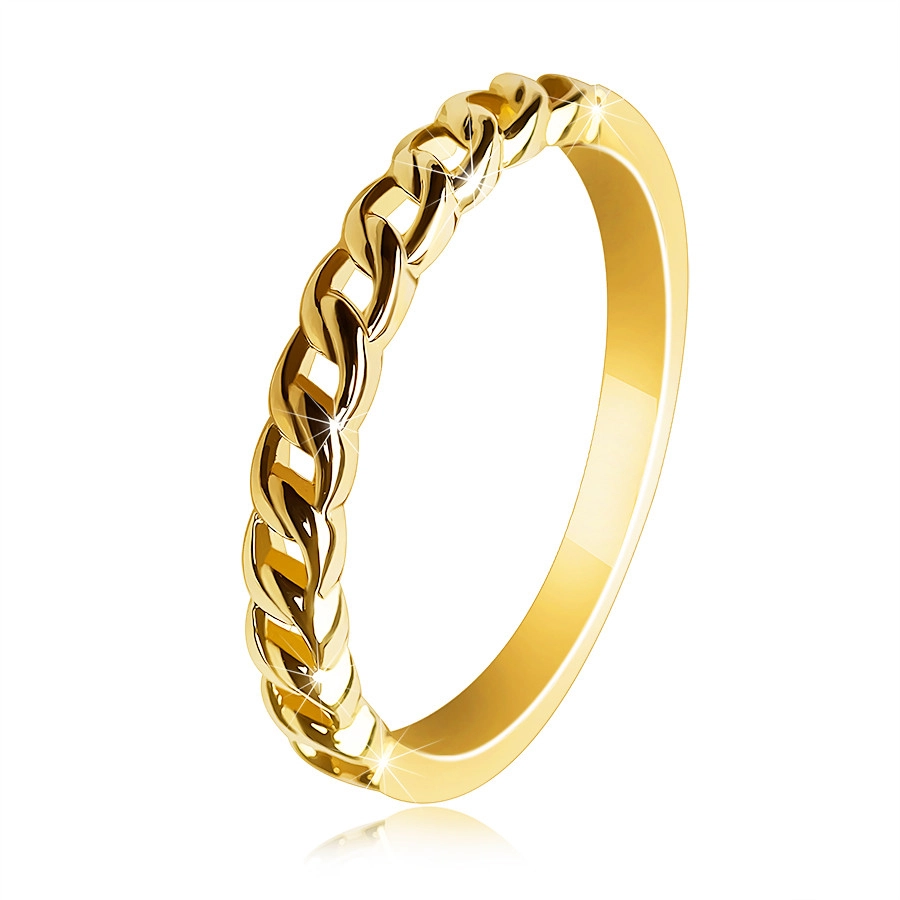 585 sárga arany gyűrű - egymásba fonódó vállak középen kivágásokkal, láncot alkotva - Nagyság: 54