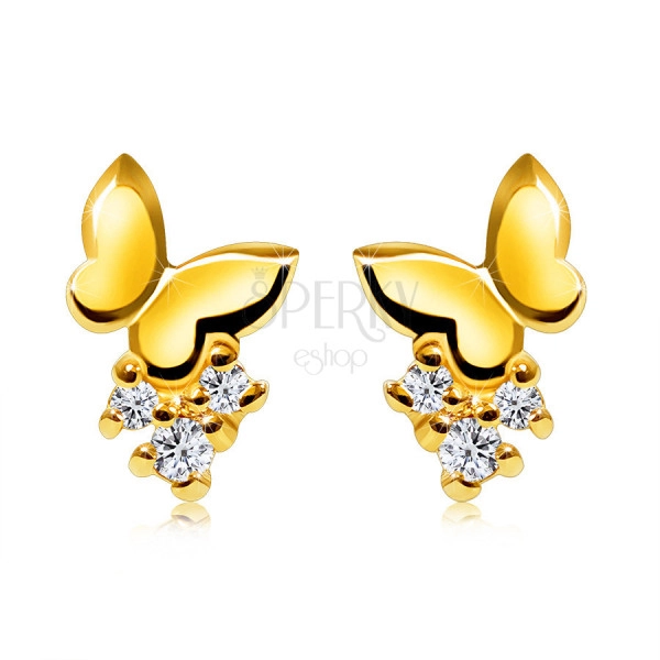 Gyémánt 585 sárga arany fülbevaló -teljes tükörsima pillangó, kerek tiszta gyémántok, stekker zár