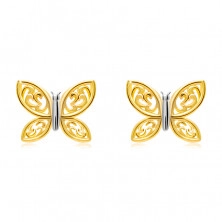 14K kombinált arany fülbevaló  - kétszínű pillangó, faragott szárnyakkal,stekker zár